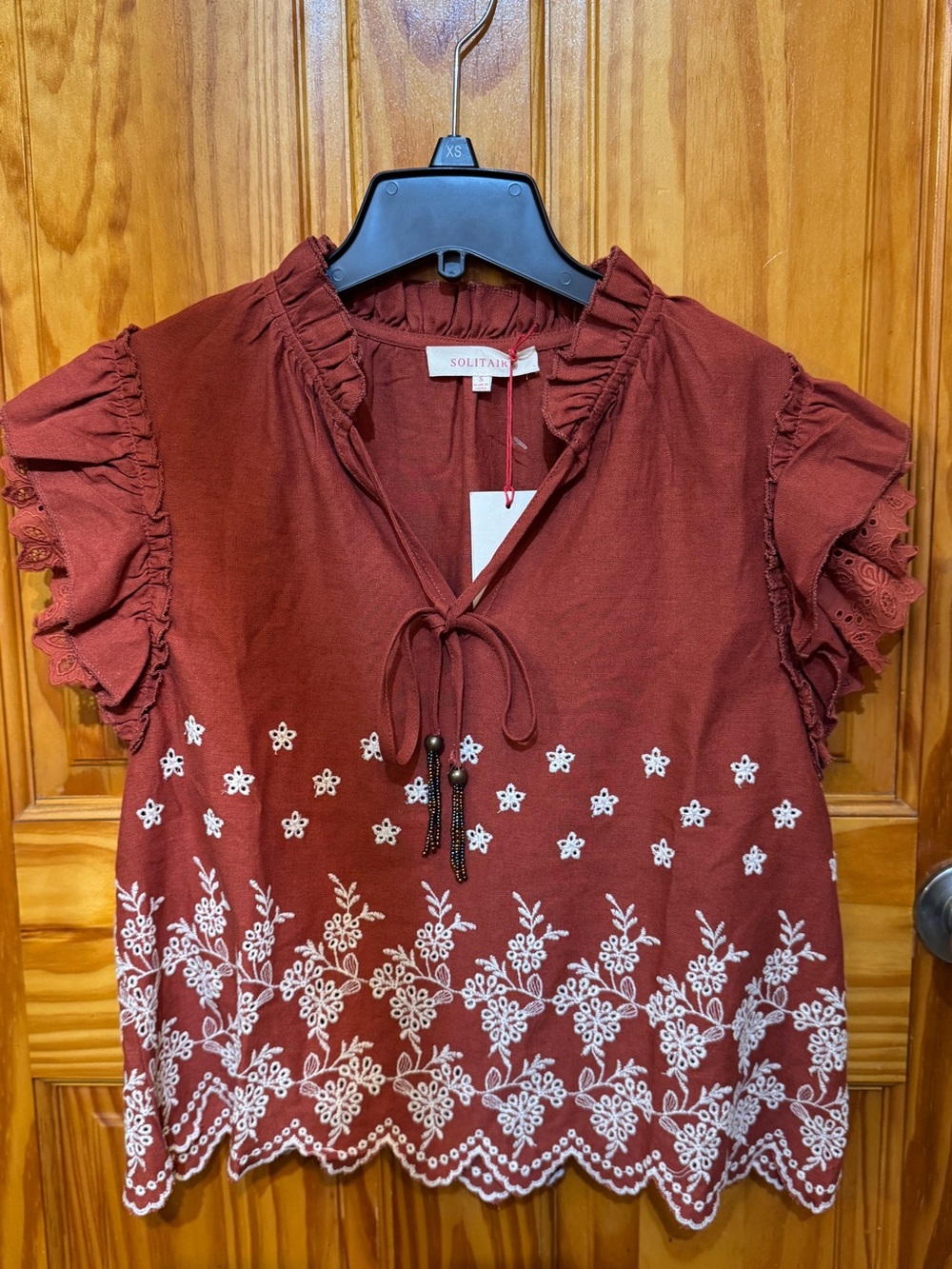 Solitaire Rust Red Embroidered Tie-Neck Blouse